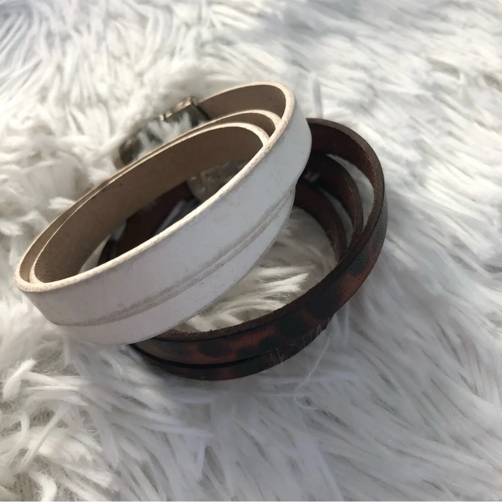 🩶5/$30 Brown Leopard and White Leather Wrap Bracelets with Silver Clasp